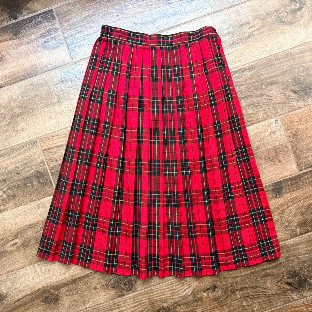 Lloyd Vintage Womens Tartan Plaid High Waist Pleated Midi Skirt,Red Black,14